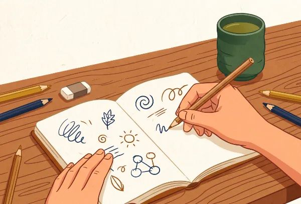木製の机の上で、ノートにさまざまな図形や模様を落書きする手のイラスト。周囲には色鉛筆、消しゴム、お茶の入った緑色の湯呑みが置かれています。