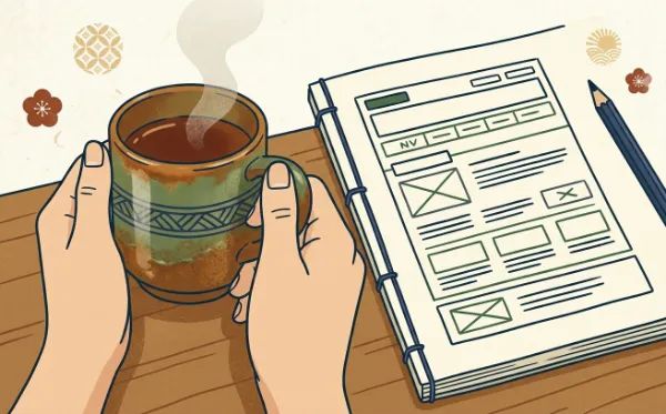 木目調のテーブルの上で、ウェブサイトのワイヤーフレームが描かれたノートの横で温かい飲み物が入ったマグカップを両手で持つイラスト。
