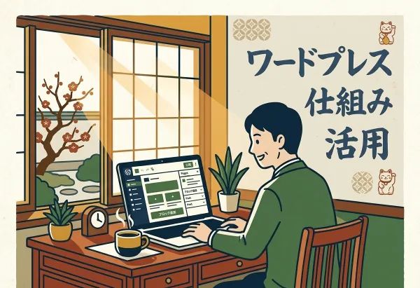 和風の部屋でノートパソコンを使い、ワードプレスの管理画面を操作している男性のイラスト。背景には「ワードプレス 仕組み 活用」という文字が書かれています。