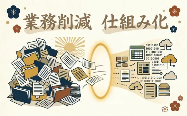 「業務削減 仕組み化」という文字と共に、山積みの紙書類が光のゲートを通り抜けてデジタルデータやクラウドシステムへ整理・効率化される過程を描いたイラスト。