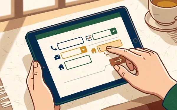 Google Workspaceだけで、ここまで業務効率化できる!低コストで始める中小企業のDX 3 タブレット端末で電話番号やメールアドレスなどの連絡先入力フォームを操作している手元のイラスト。