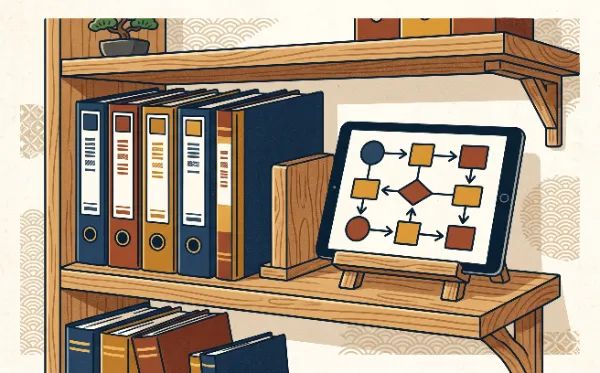 属人化していた業務を『誰でもできる』に変える方法|バックオフィスの仕組み化のススメ 3 digital flowchart bookshelf